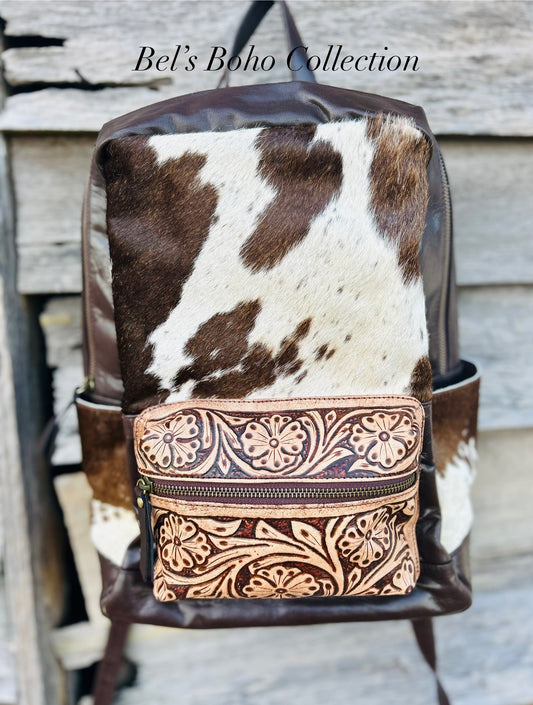 Hand-tooled Leather & Cowhide Backpack