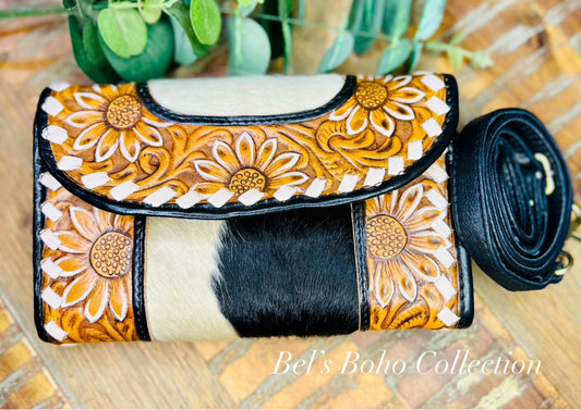Hand-Carved Floral Boho Wristlet Wallet/Clutch