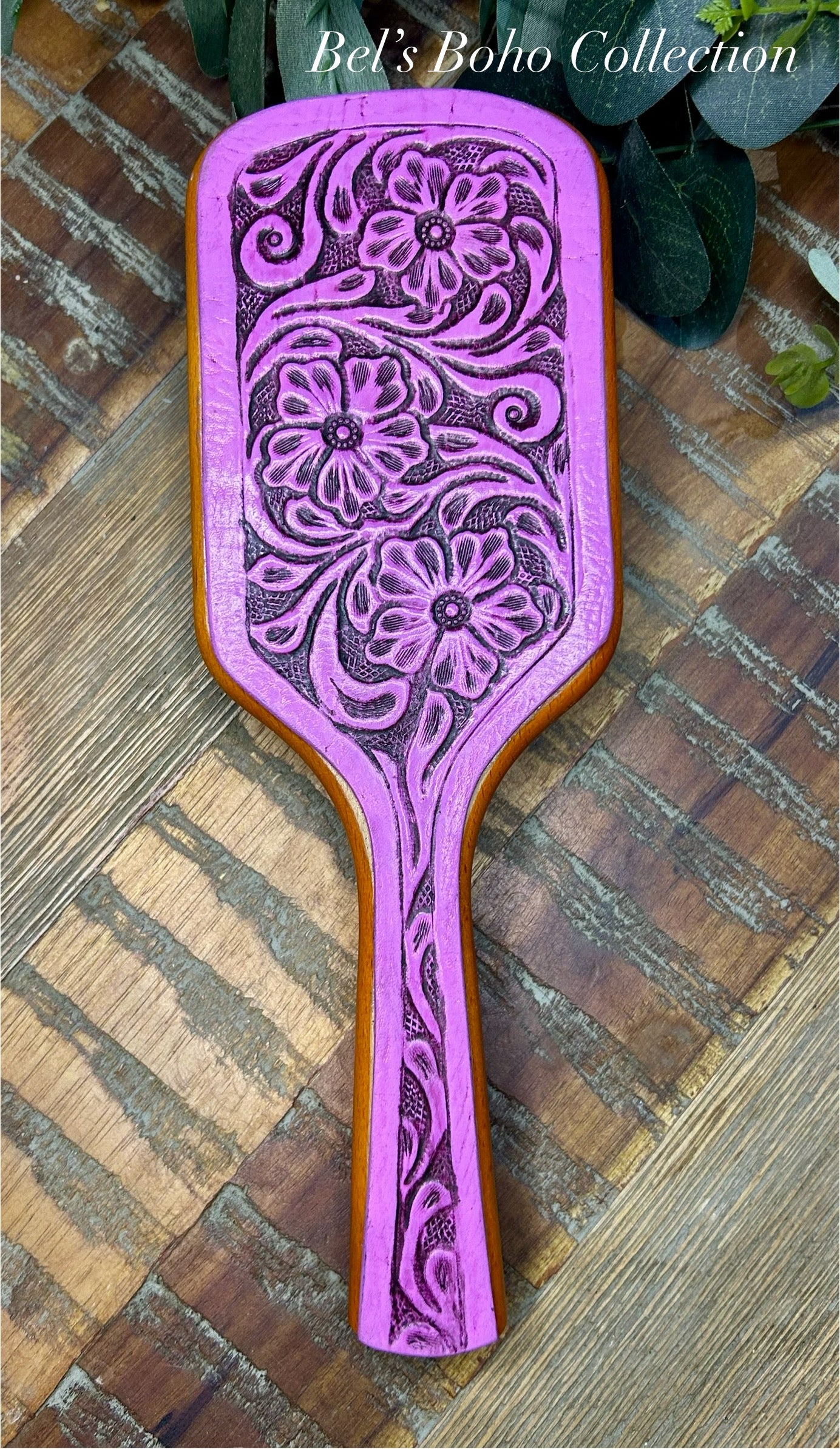 Hand-Carved Leather & Wooden Hairbrush