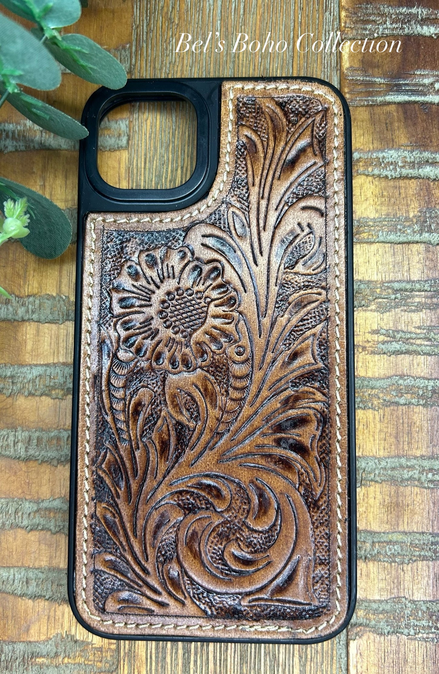 Hand-tooled Leather iPhone 14 Plus Phone case