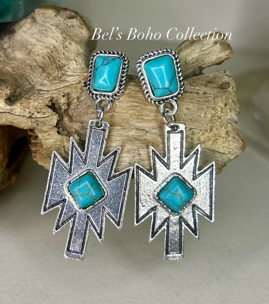 Western Style Geometric Turquoise Dangle Earrings