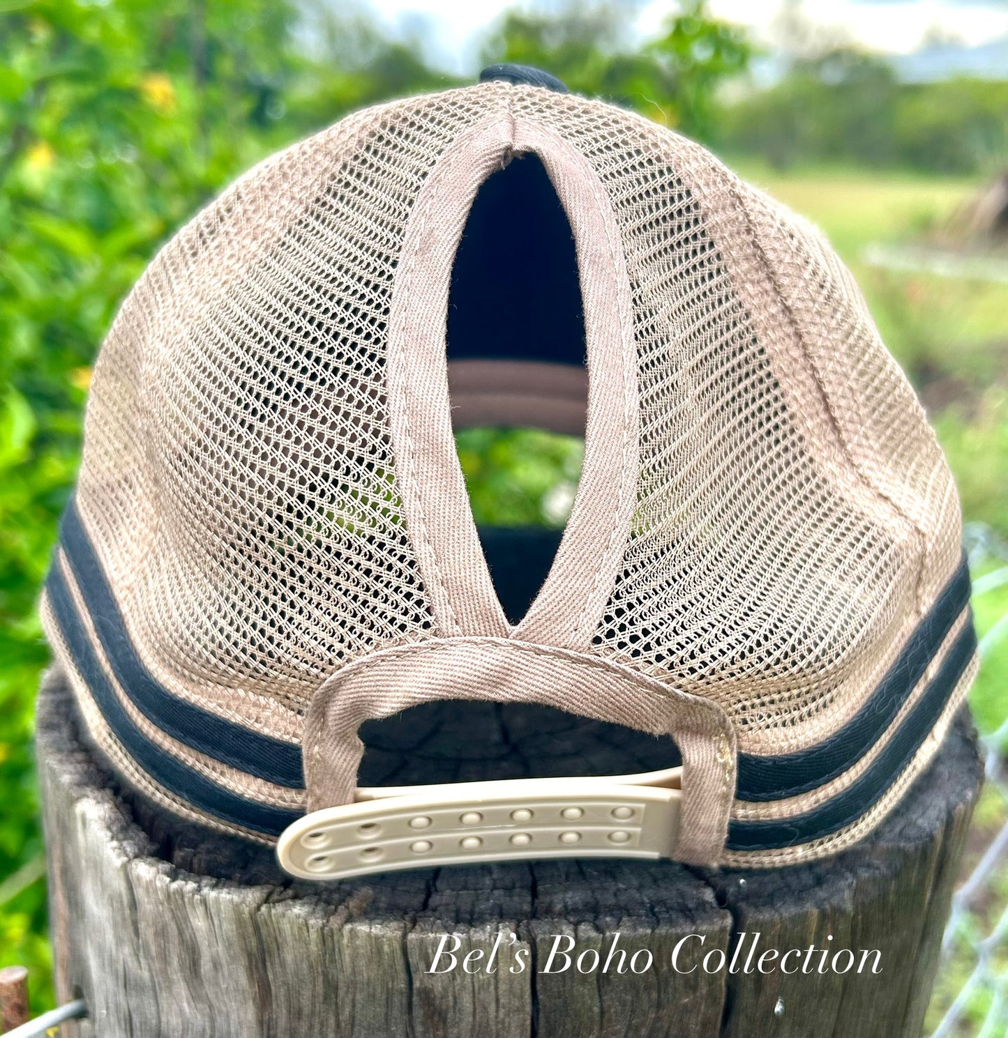 Khaki & Black Ponytail Trucker Cap