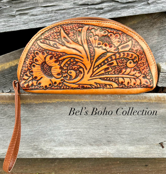Hand-carved Half Moon Wallet & Clutch (Tan)