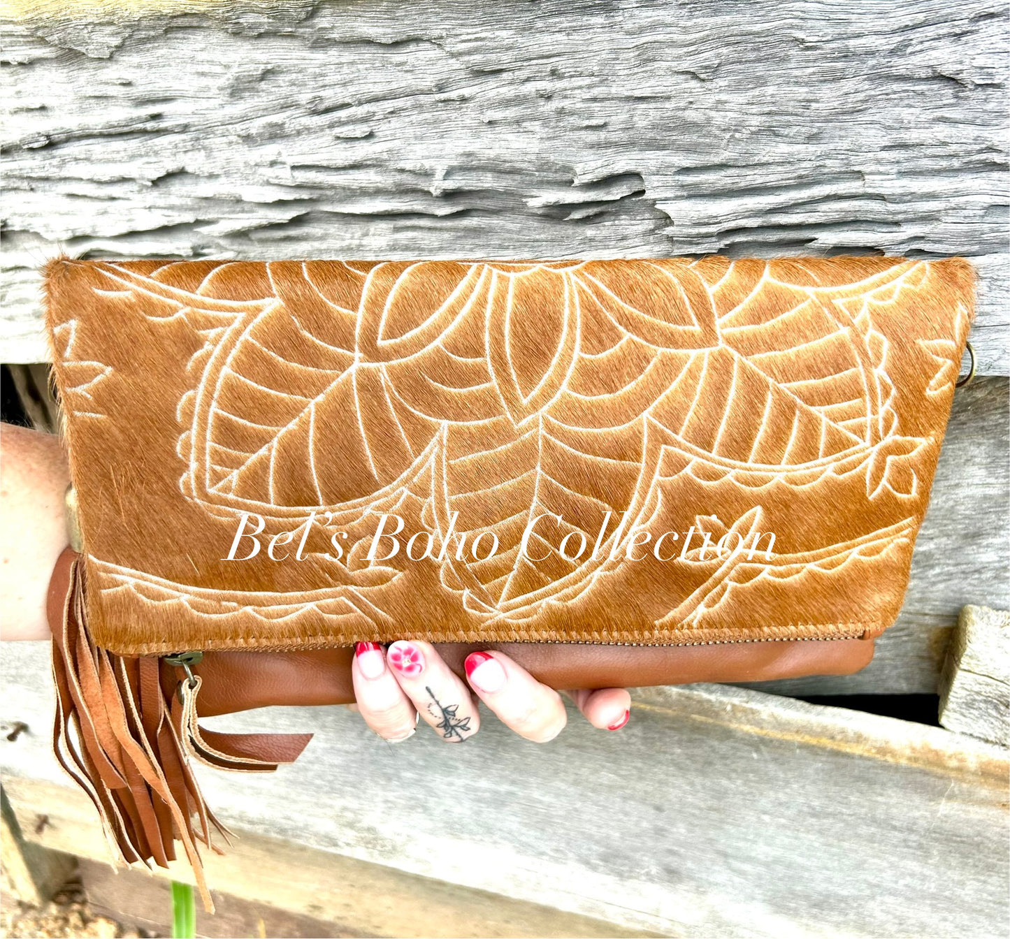 Hand-carved Hide Foldover Clutch