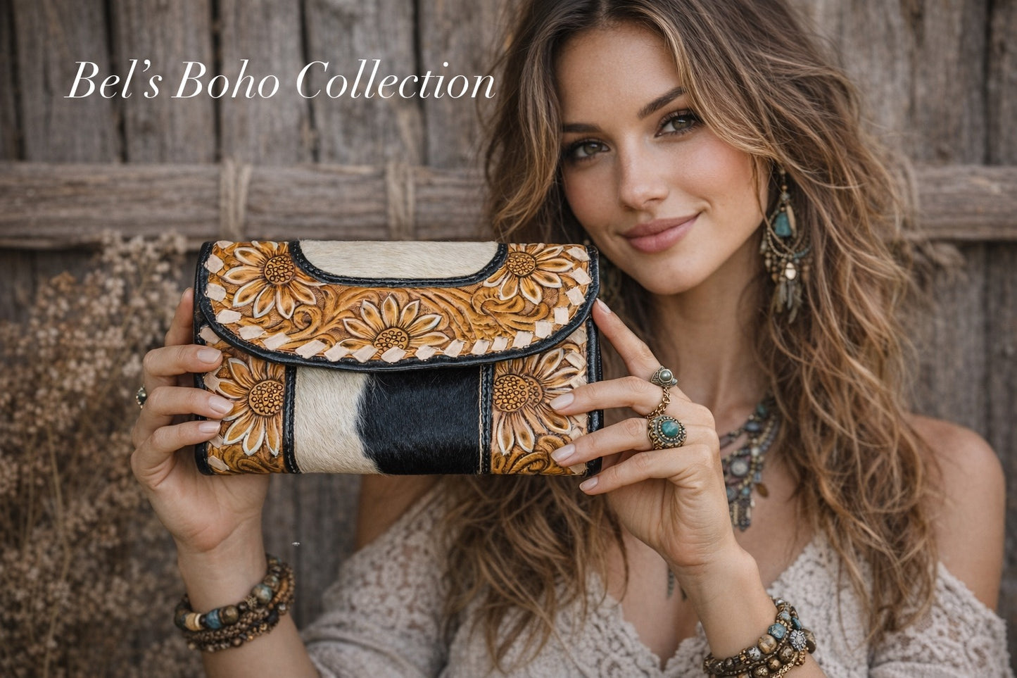 Hand-Carved Floral Boho Wristlet Wallet & Clutch