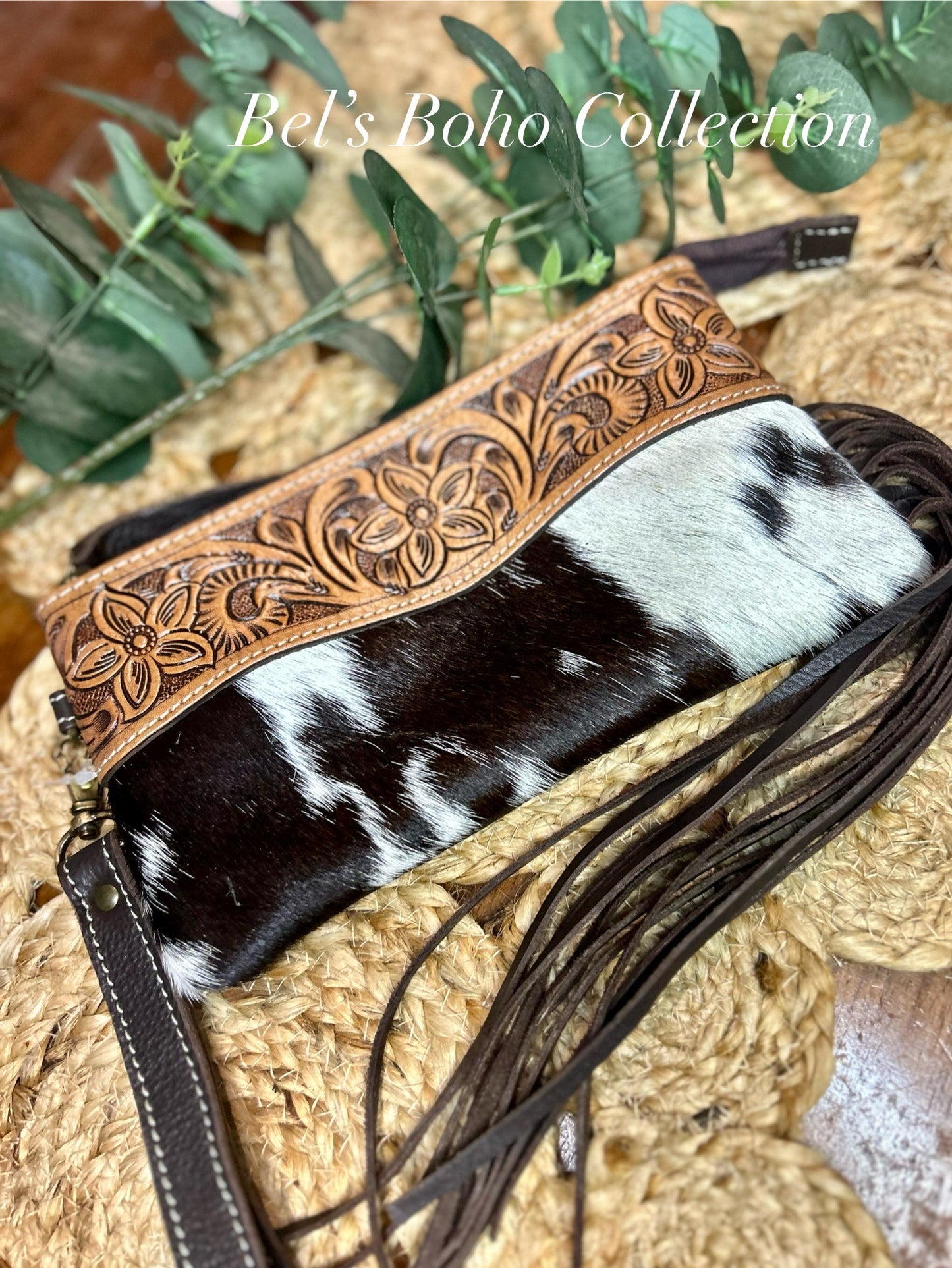 Tooled Leather & Cowhide Tassel Clutch