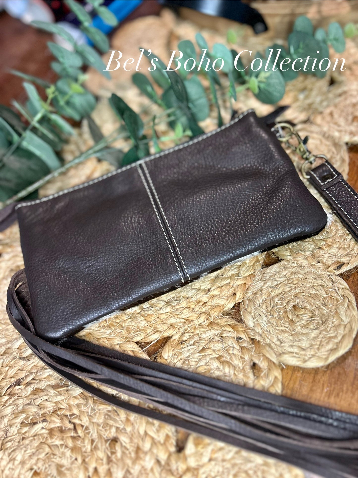 Tooled Leather & Cowhide Tassel Clutch