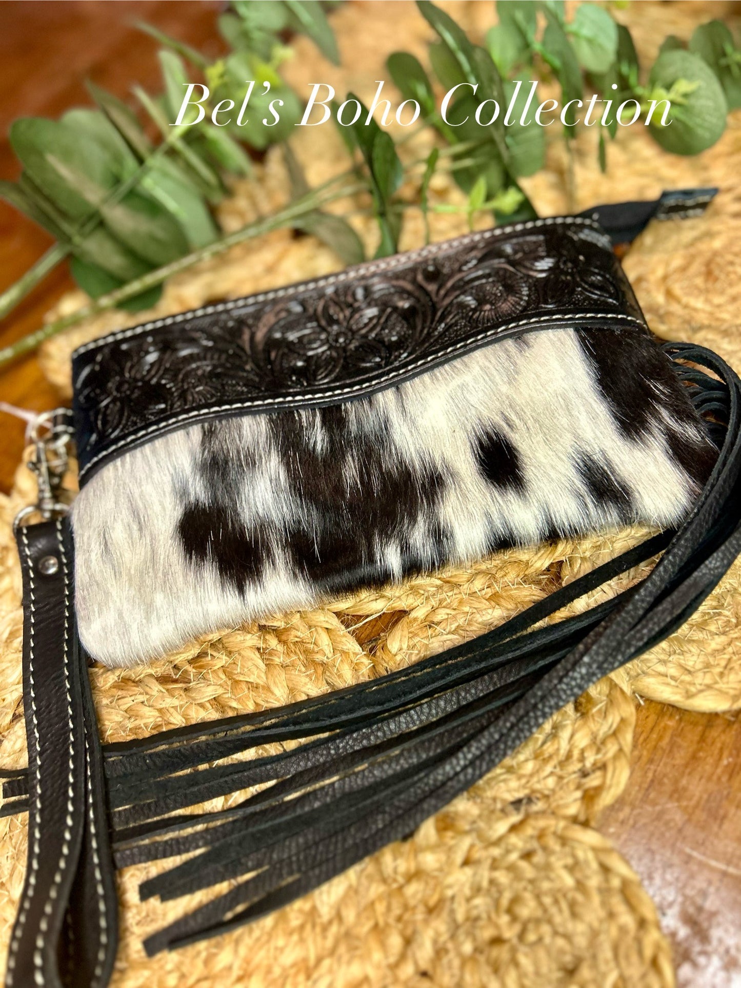 Tooled Leather & Cowhide Tassel Clutch
