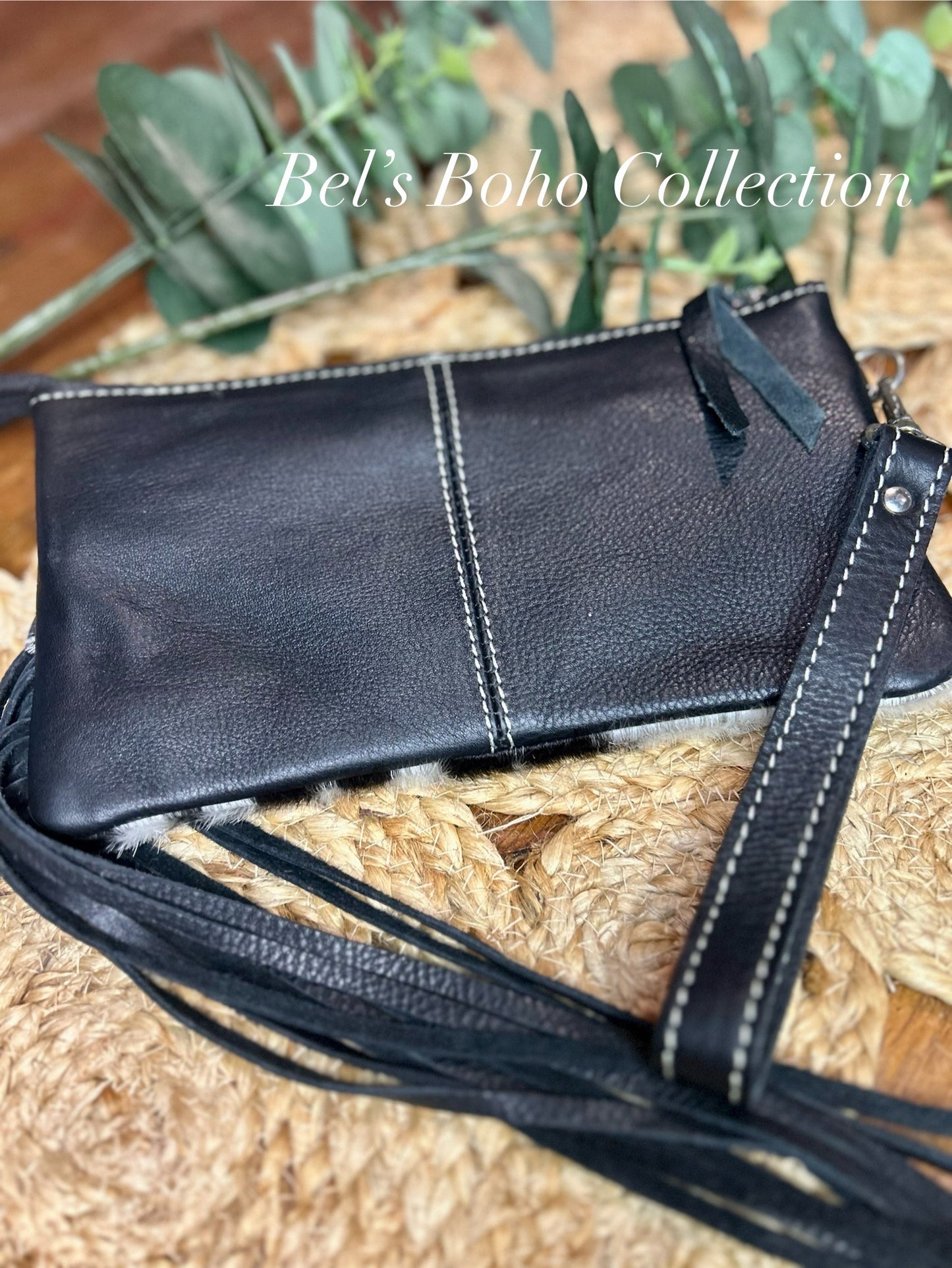 Tooled Leather & Cowhide Tassel Clutch