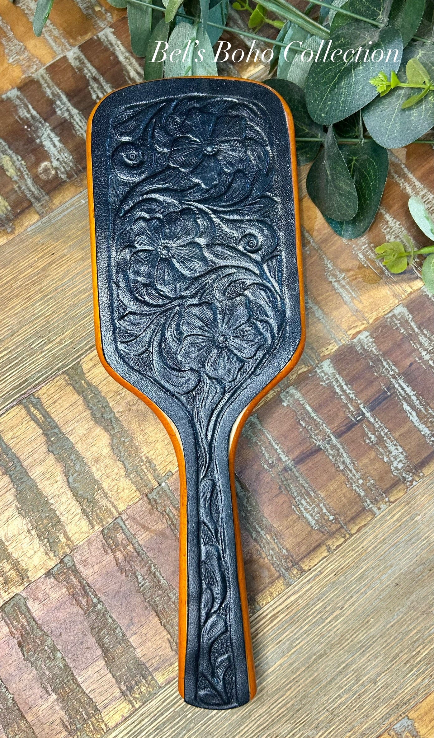 Hand-Carved Leather & Wooden Hairbrush