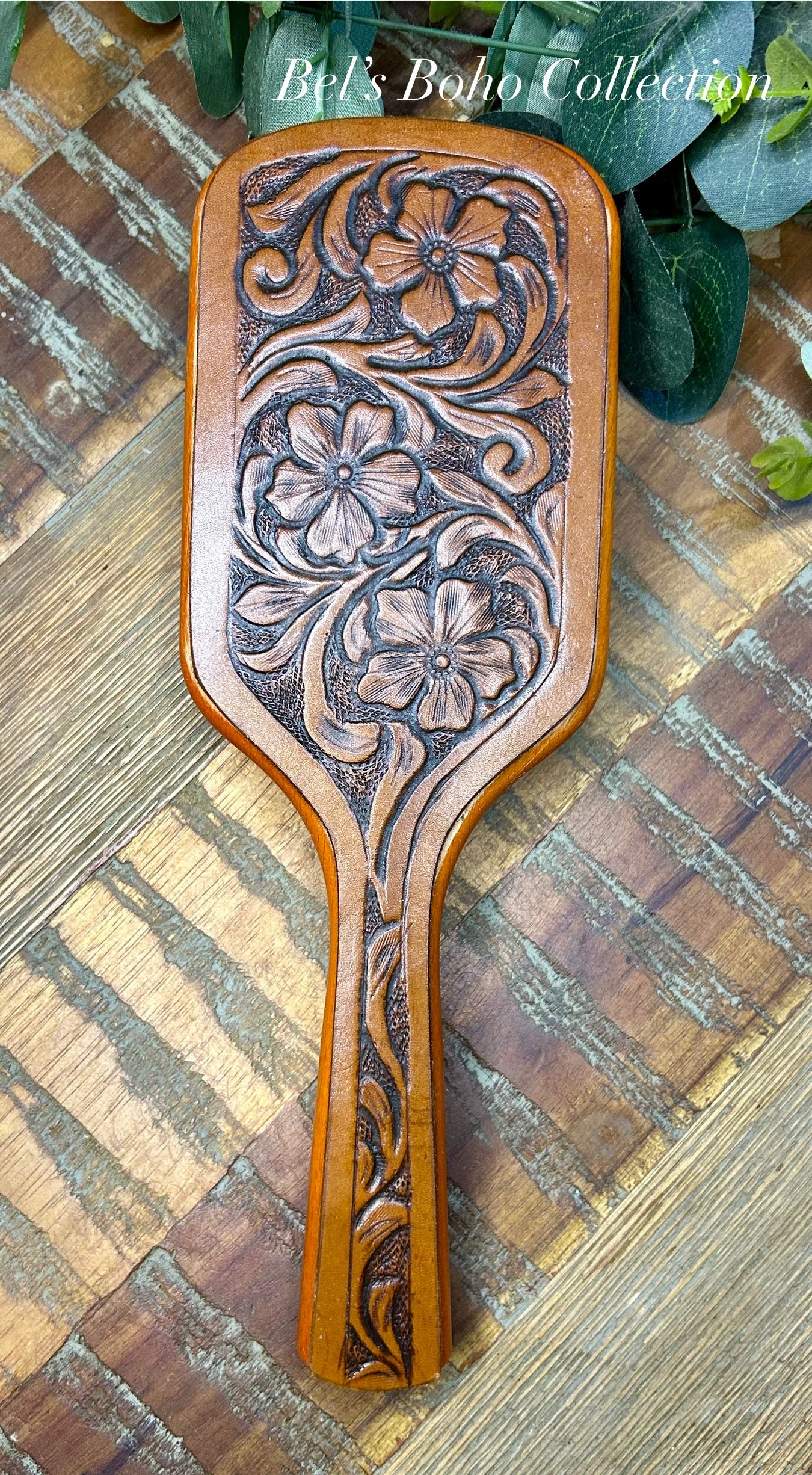 Hand-Carved Leather & Wooden Hairbrush