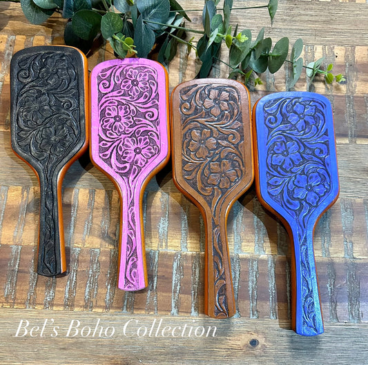 Hand-Carved Leather & Wooden Hairbrush
