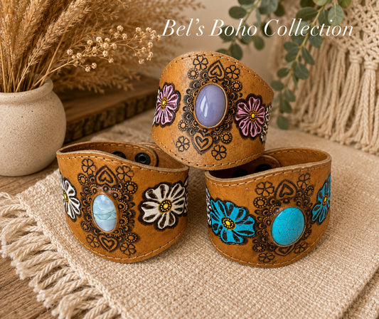 Hand-Carved Leather Cuff with Gemstone Centerpiece