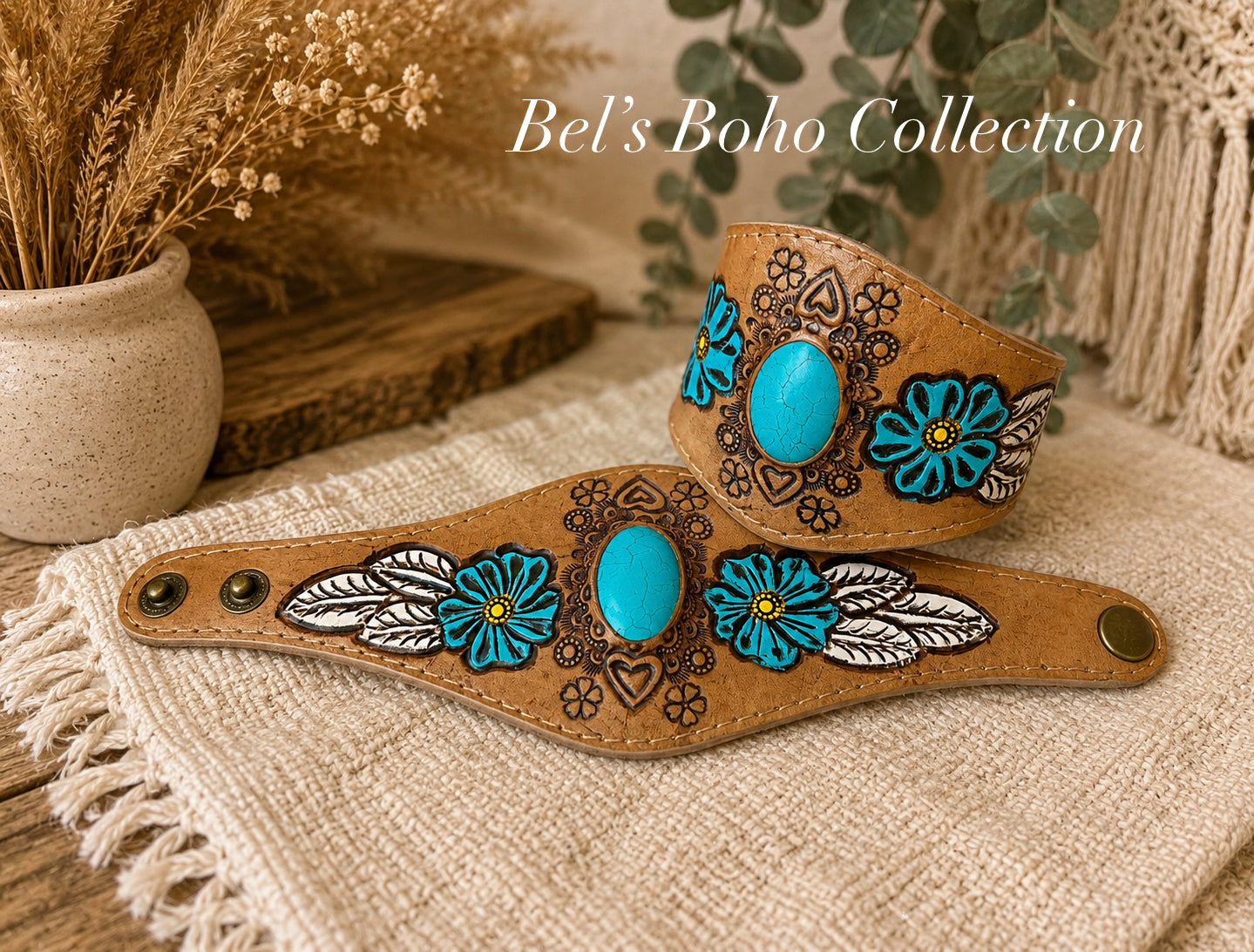 Hand-Carved Leather Cuff with Gemstone Centerpiece