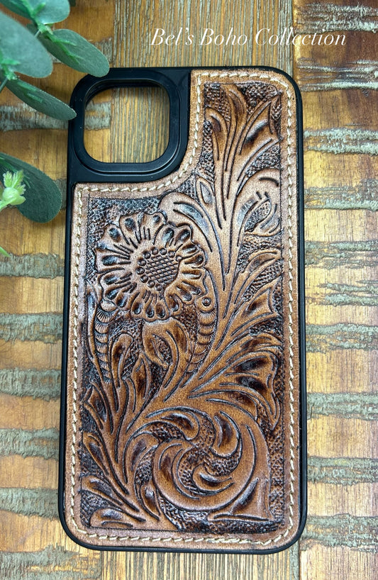 Hand-tooled Leather iPhone 14 Plus Phone case