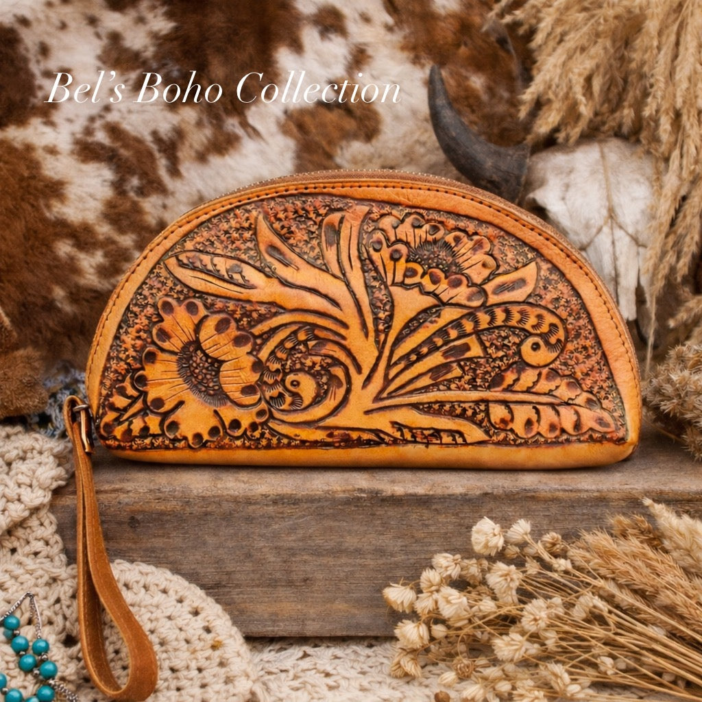 Hand-carved Half Moon Wallet & Clutch (Tan)