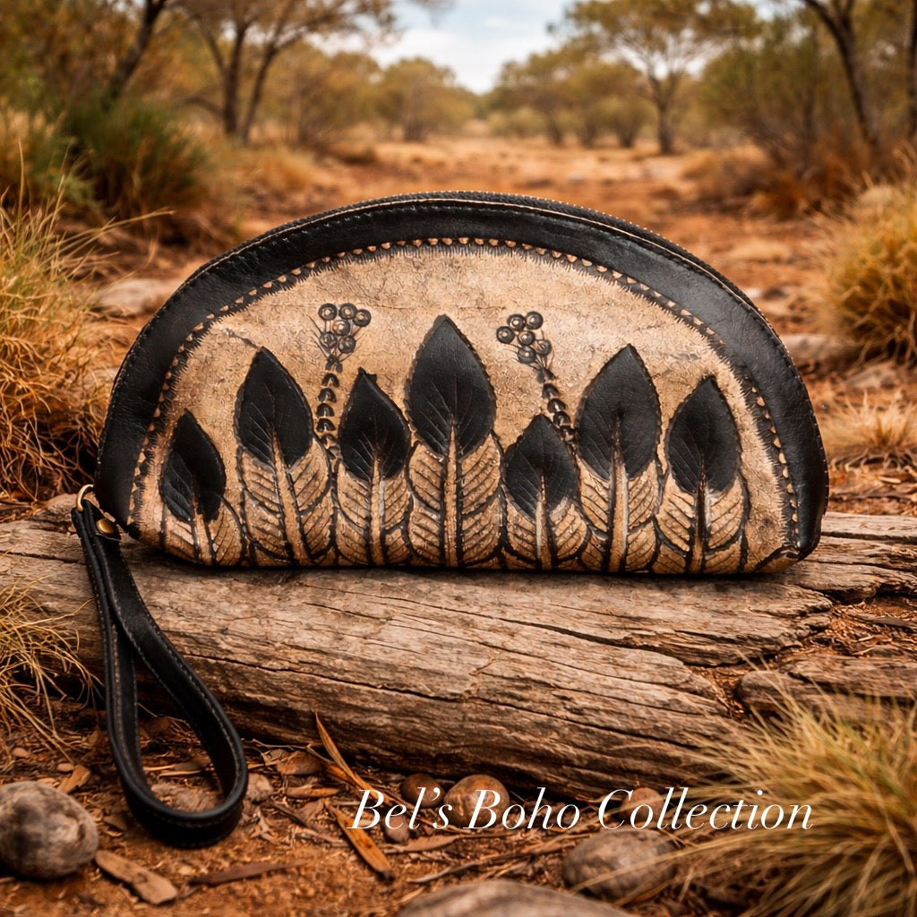 Hand-Carved Half Moon Wallet & Clutch (Black)
