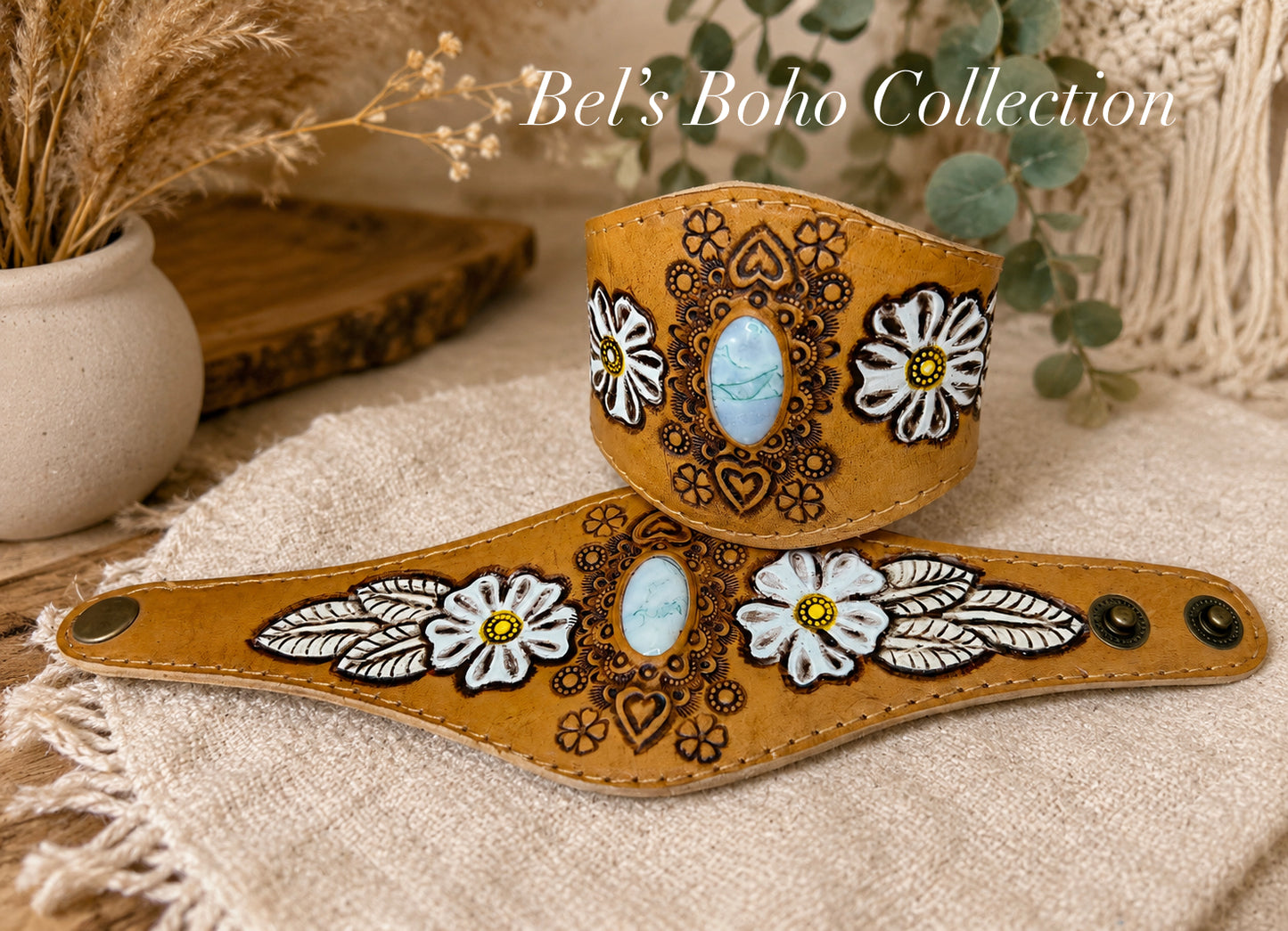 Hand-Carved Leather Cuff with Gemstone Centerpiece