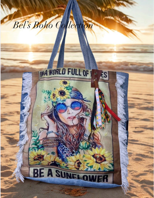 The Boho Sunflower Denim Tote Bag