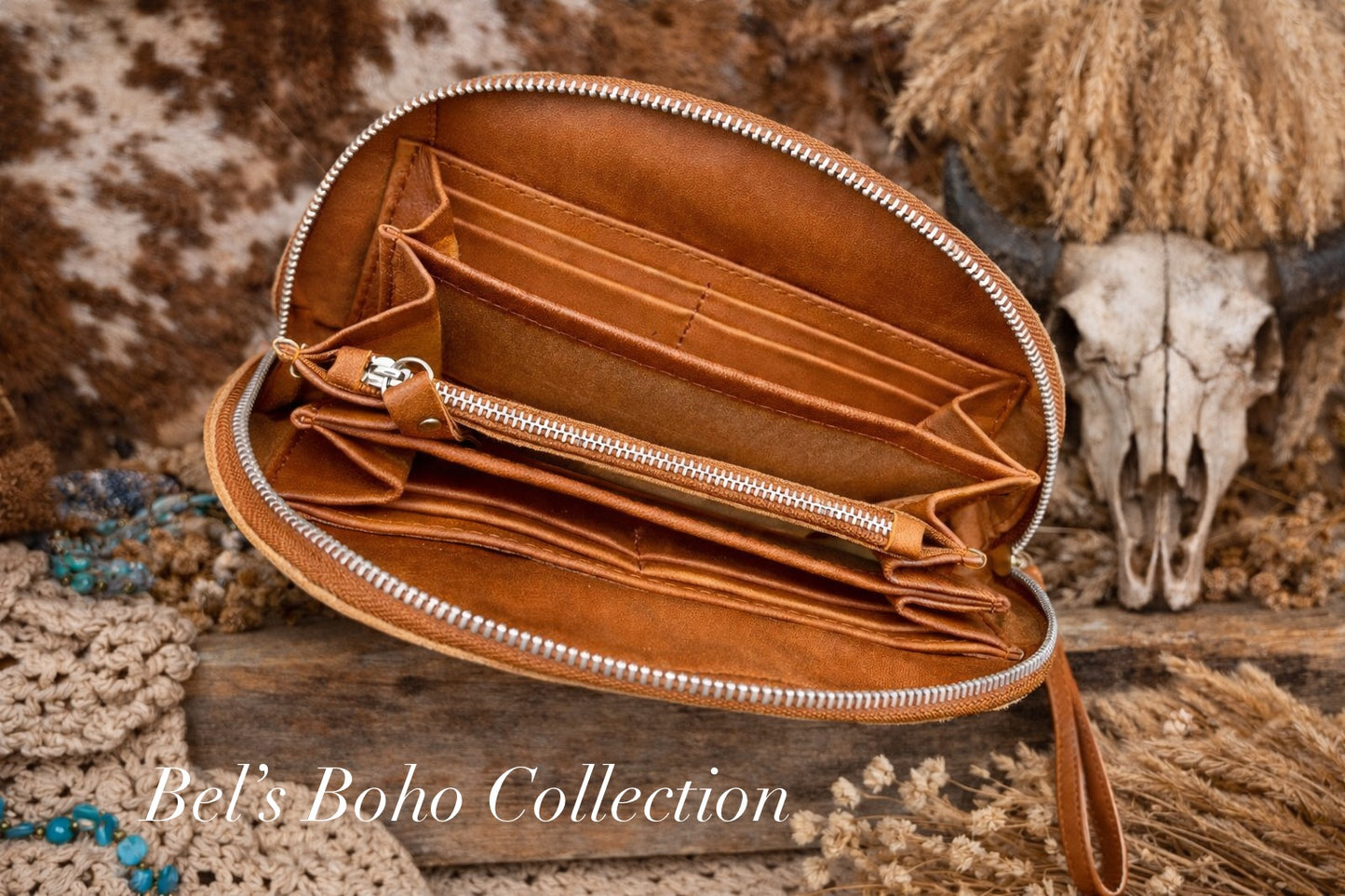 Hand-carved Half Moon Wallet & Clutch (Tan)