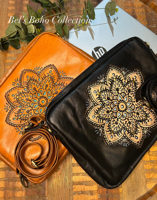 Hand-carved Leather Mandala Laptop Carry Bag