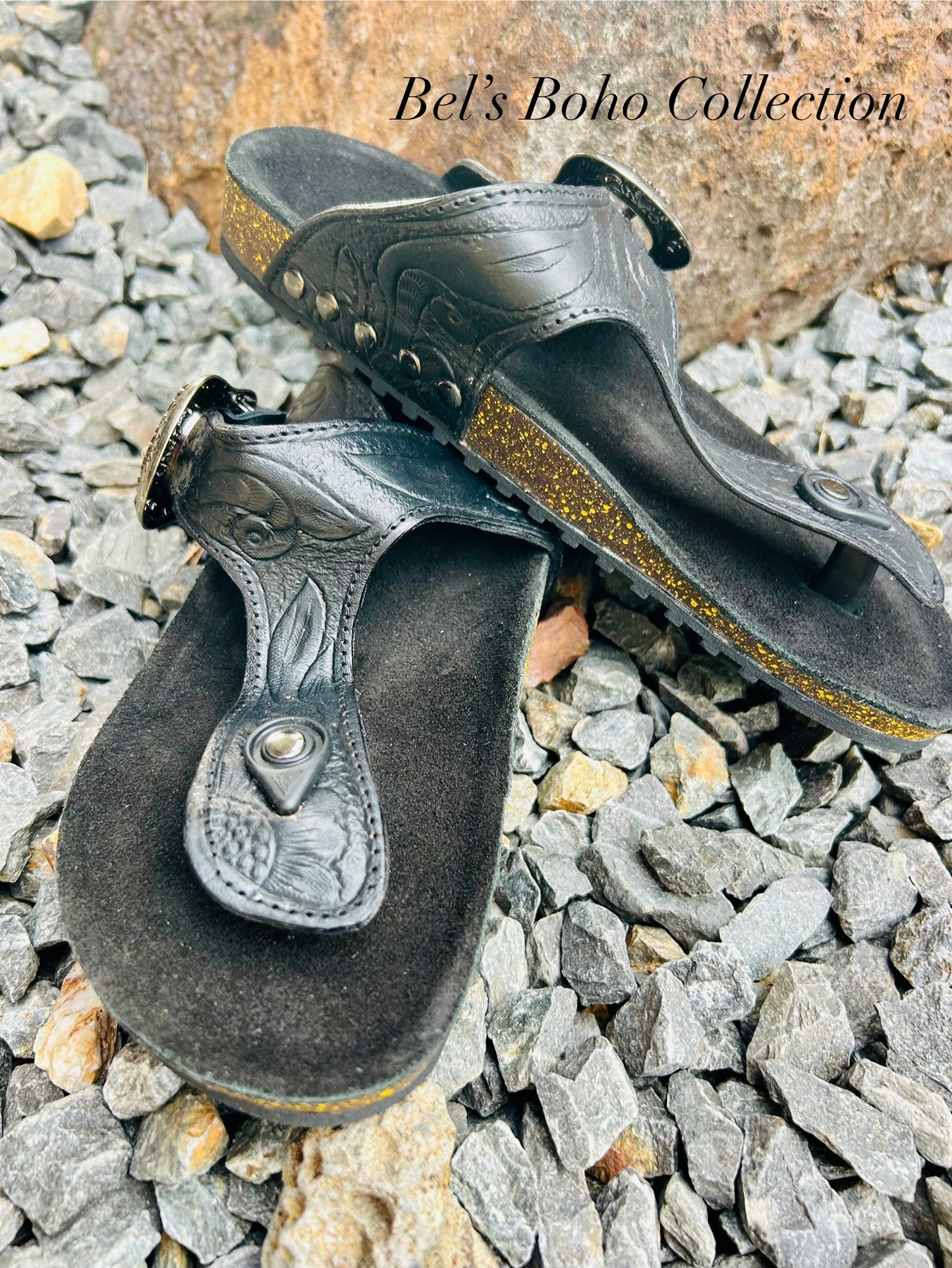 Handtooled Leather Roman-Style Sandals - Black