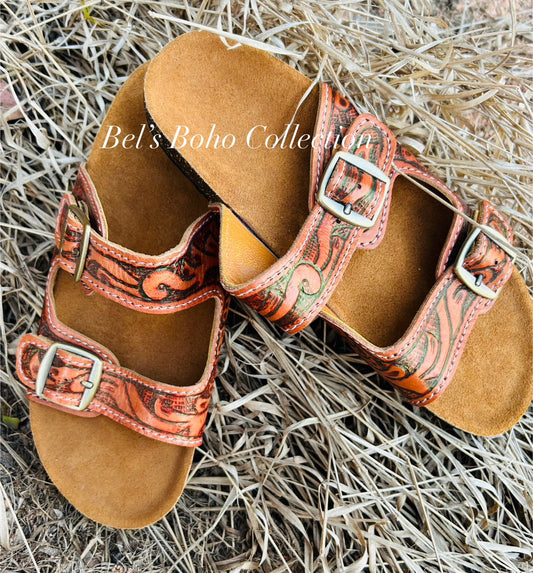 Hand-tooled Leather Slides