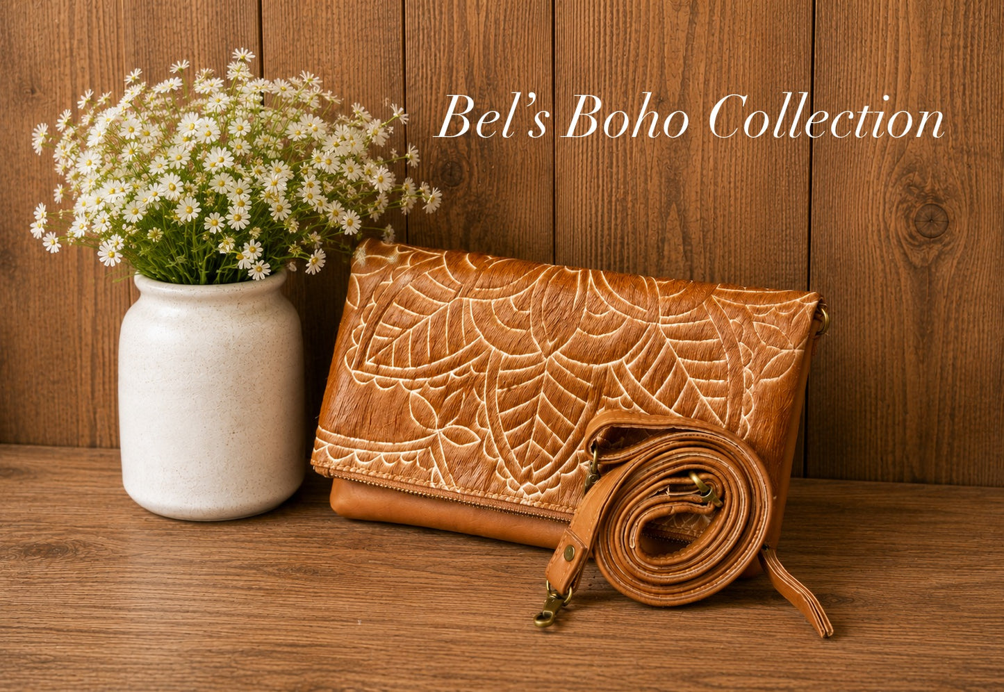 Hand-carved Hide Foldover Clutch