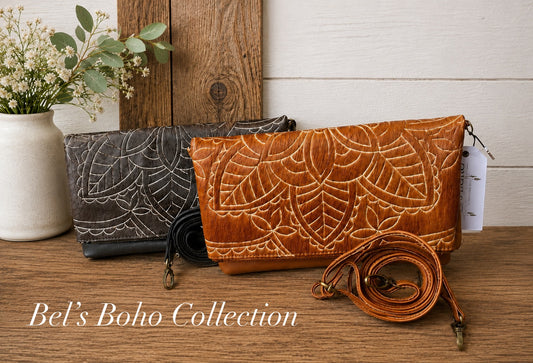 Hand-carved Hide Foldover Clutch