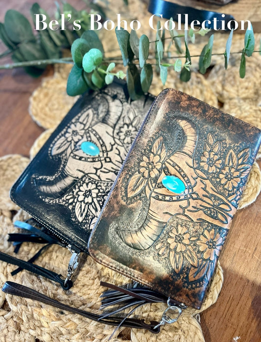 Handtooled Buffalo Skull Wallet