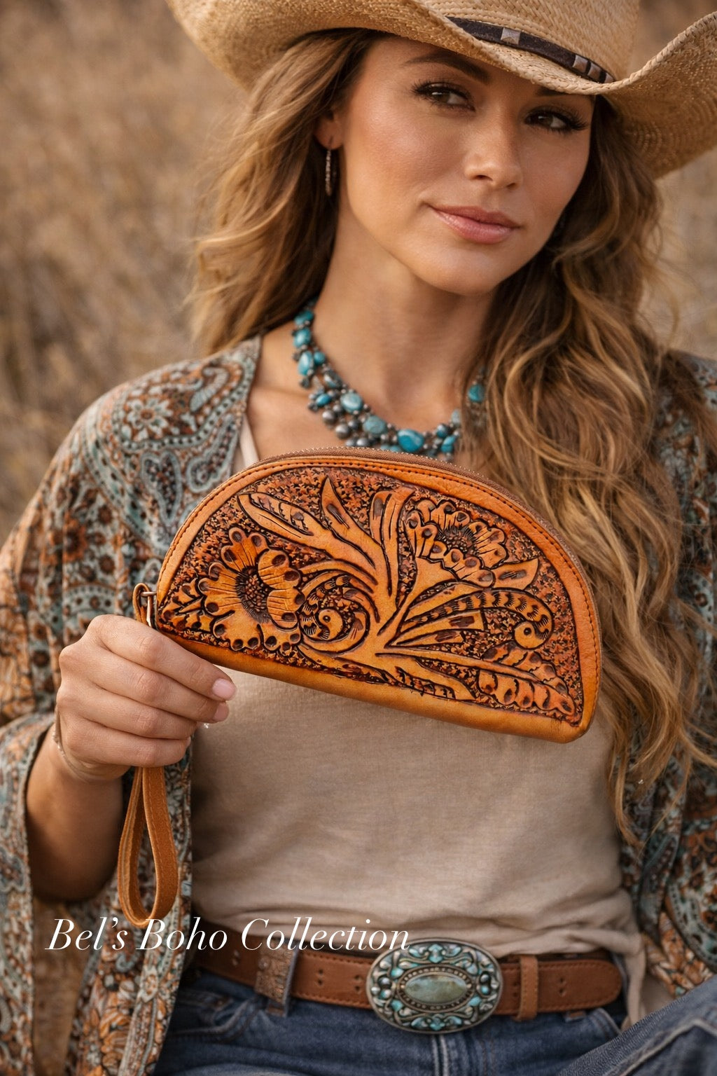 Hand-carved Half Moon Wallet & Clutch (Tan)