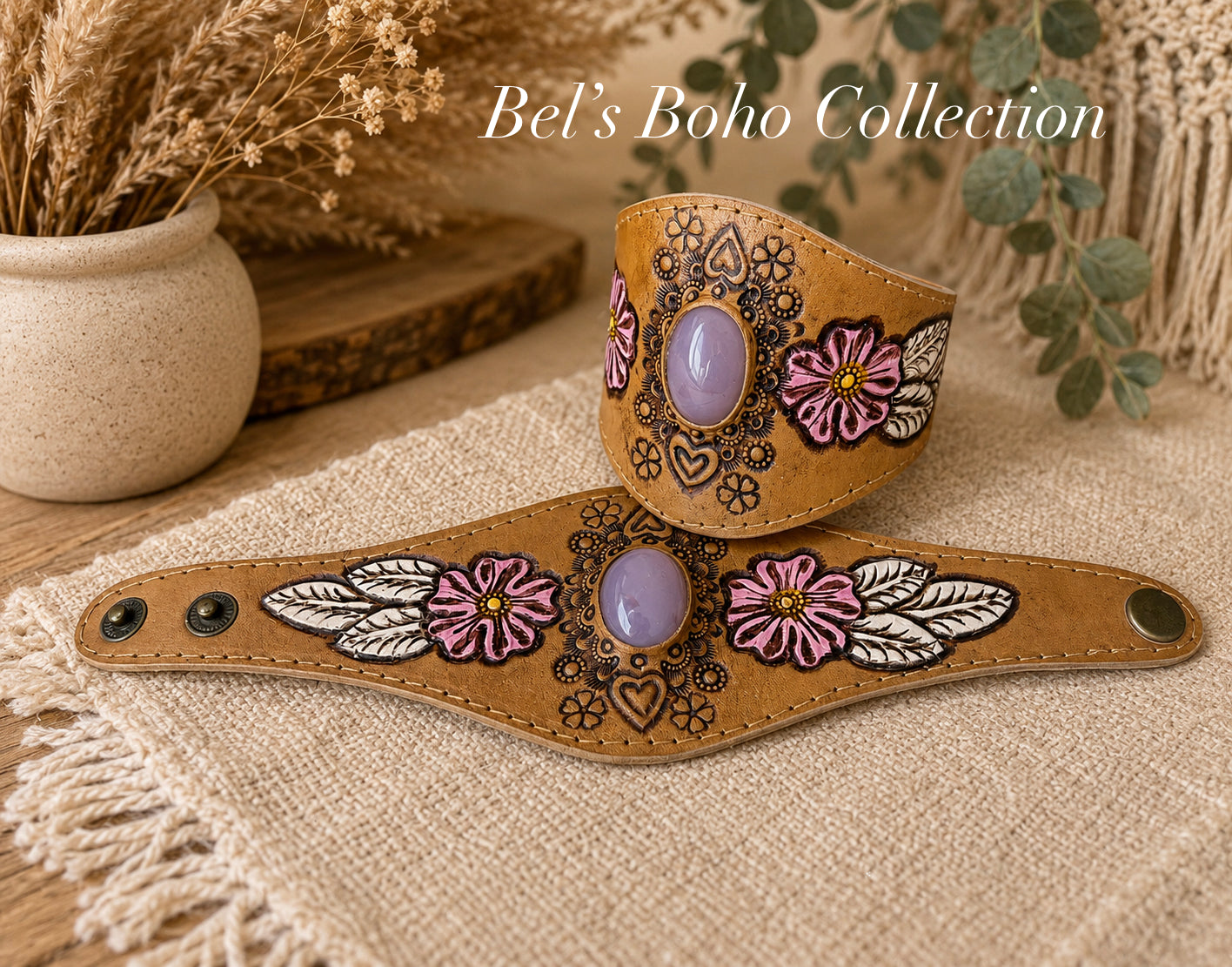 Hand-Carved Leather Cuff with Gemstone Centerpiece