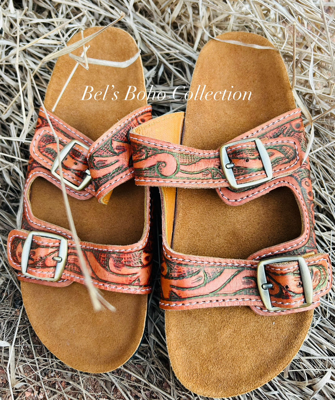Hand-tooled Leather Slides