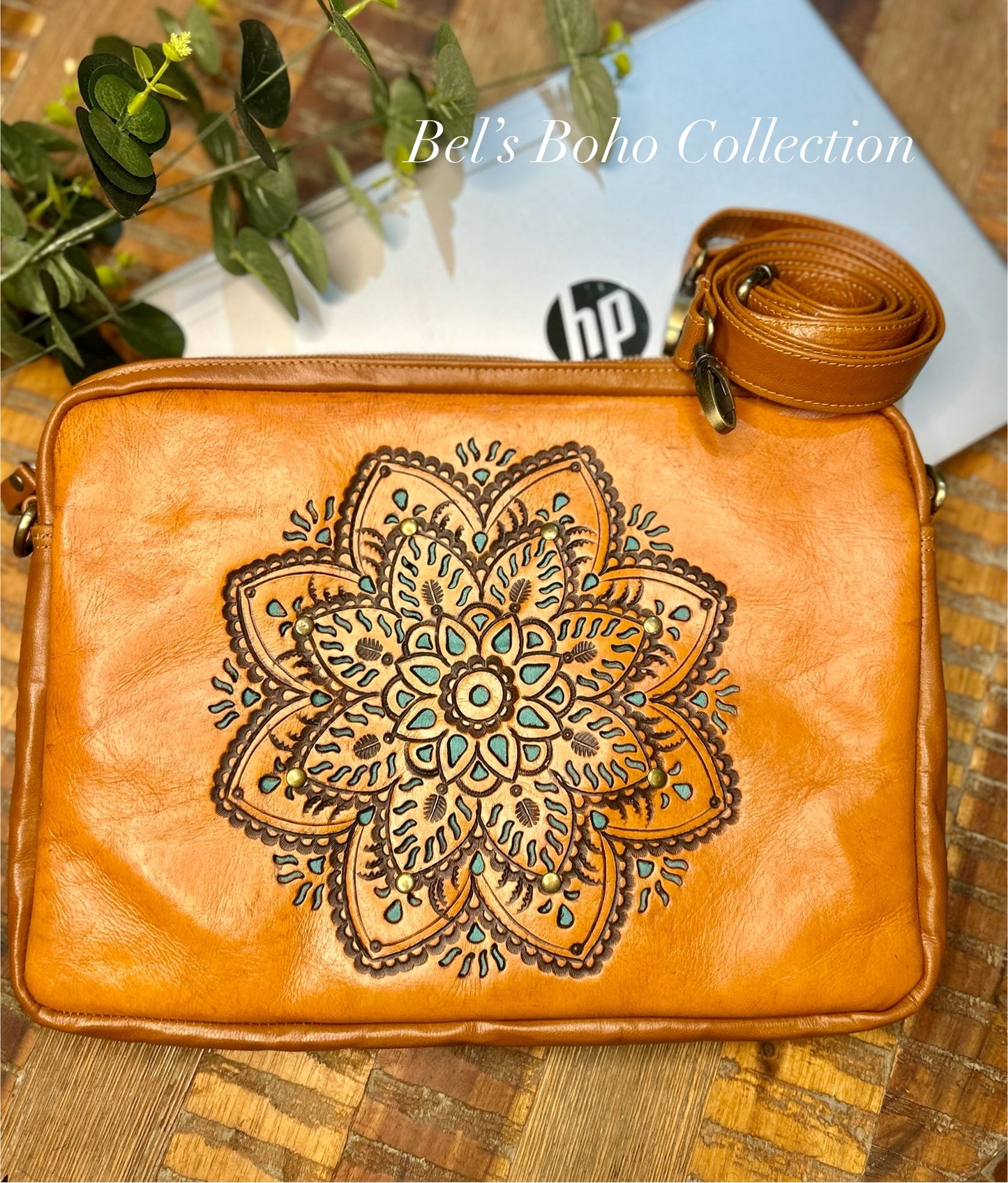 Hand-carved Leather Mandala Laptop Carry Bag