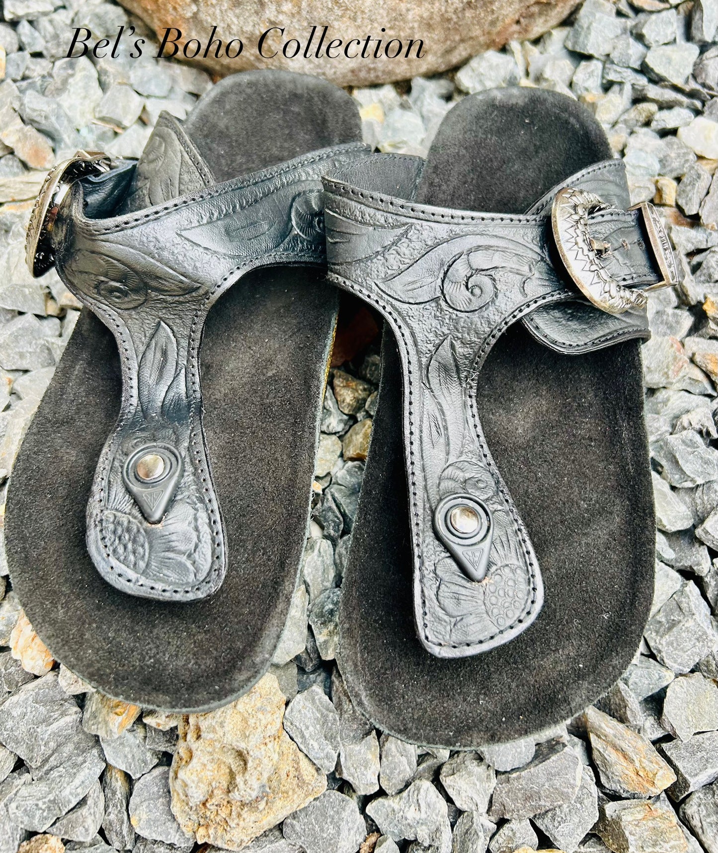 Handtooled Leather Roman-Style Sandals - Black