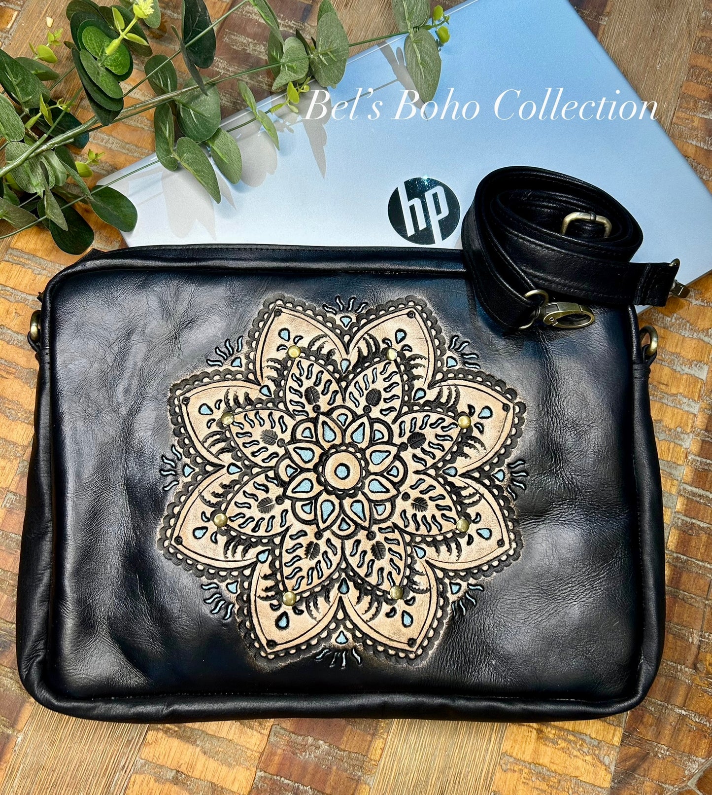 Hand-carved Leather Mandala Laptop Carry Bag