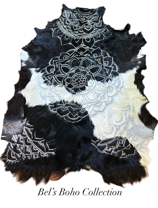 Handcarved Mandala Goat Hide (Black & White)