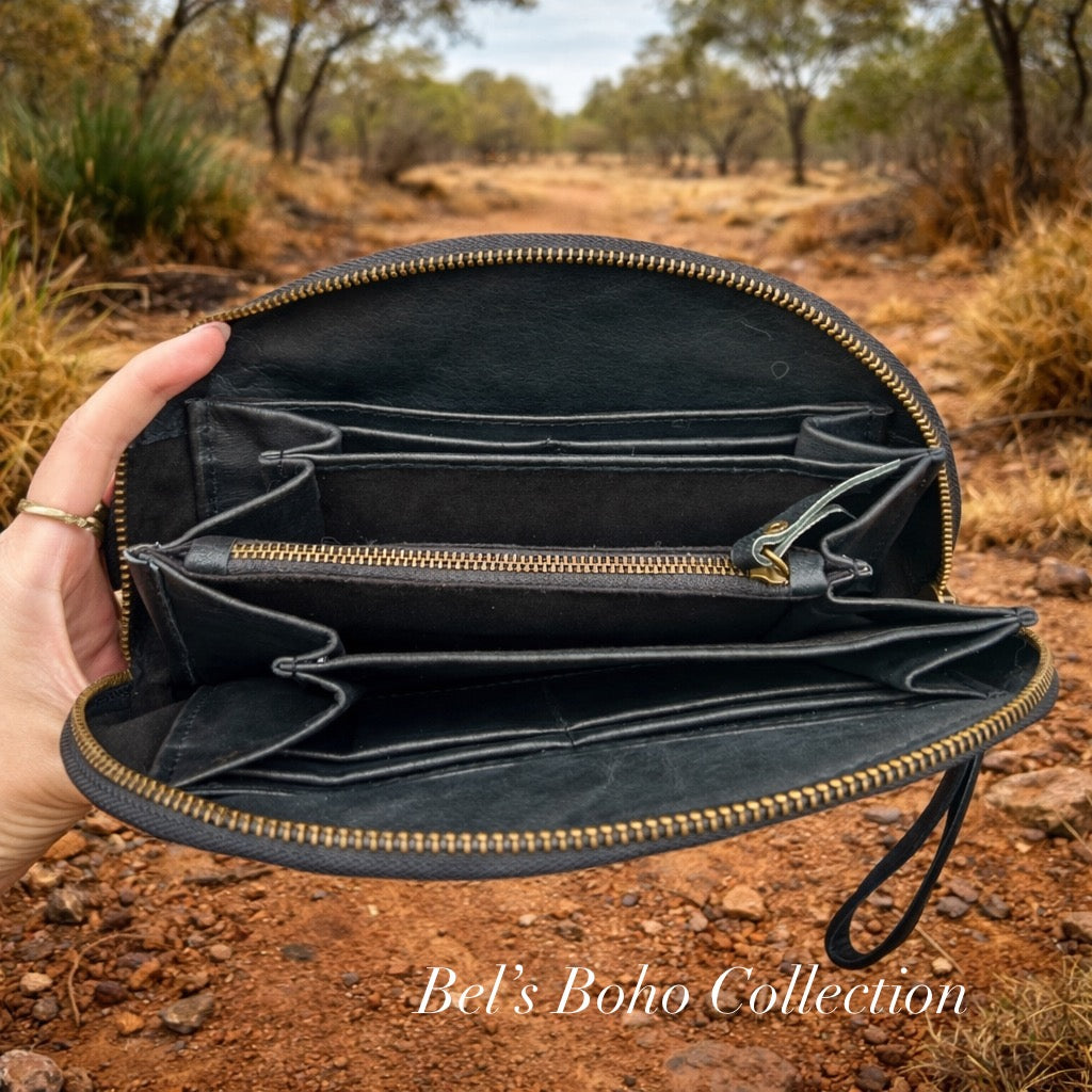 Hand-Carved Half Moon Wallet & Clutch (Black)