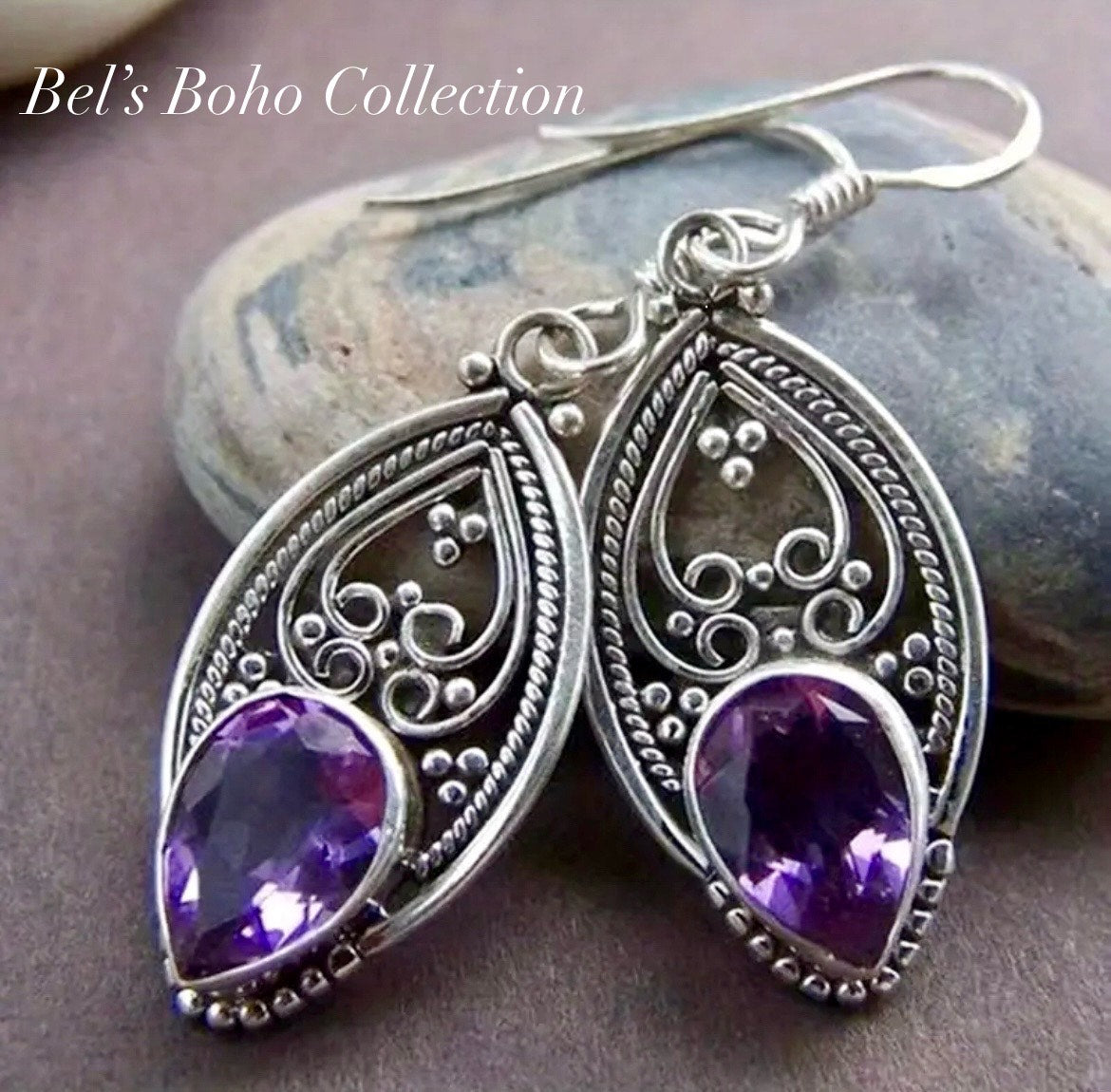 Boho Vintage Purple & Silver Pendant Earrings